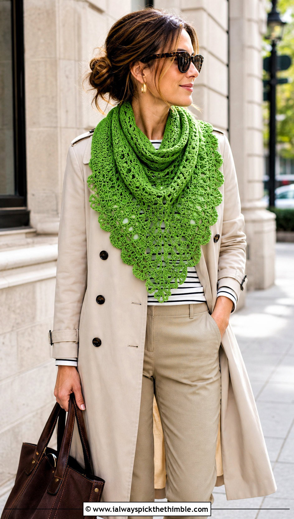 Crescent Crochet Shawl Scarf With Trench Coat - 20 crochet shawl scarf outfit ideas