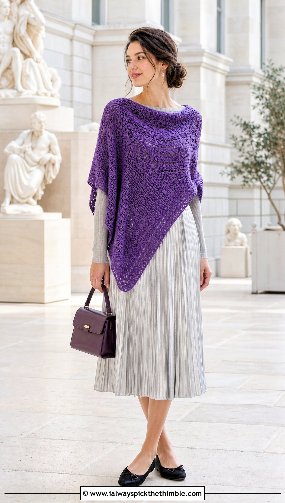 Crescent Crochet Shawl Sweater With Pleated Midi Skirt - 20 crochet shawl sweater outfit ideas