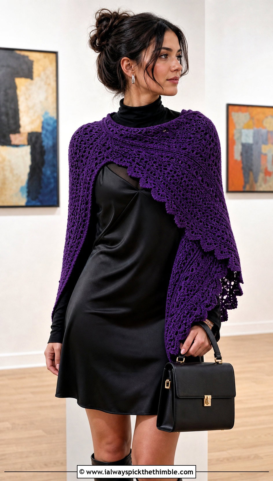 Crescent Crochet Shawl With A Satin Slip Dress - 20 Fall Crochet Shawl outfit ideas