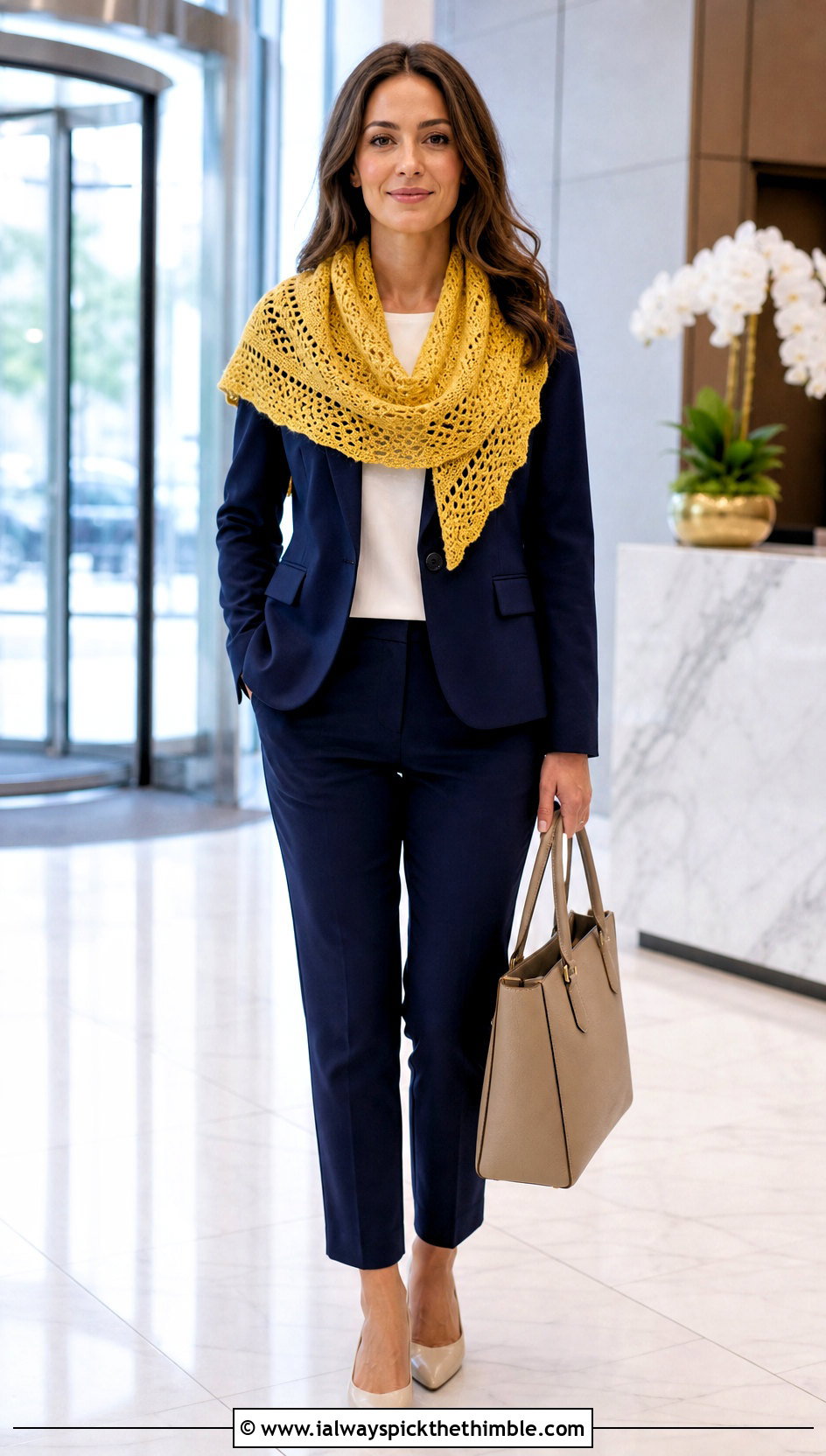 Crescent Crochet Shawl With Blazer And Tailored Pants - 20 beautiful crochet shawls and wraps outfit ideas