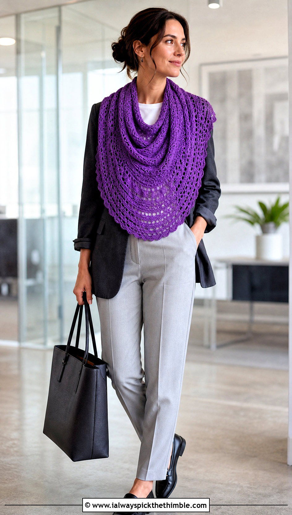 Crescent Crochet Shawl With Blazer And Trousers - 20 Spring Crochet Shawl outfit ideas