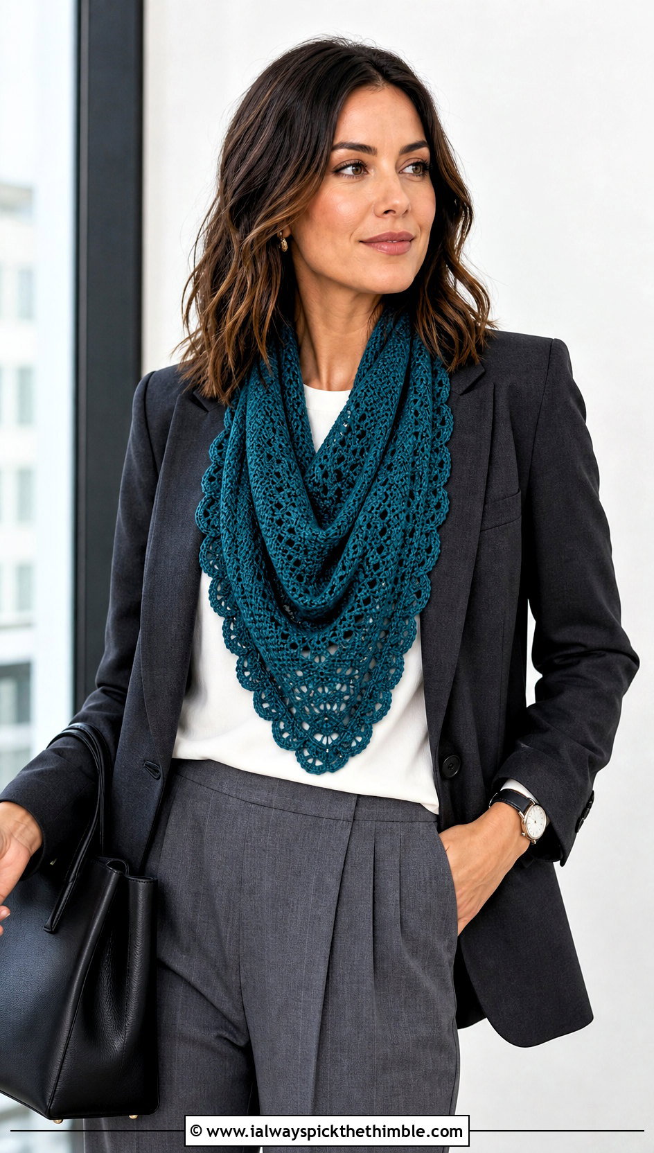 Crescent Crochet Shawl With Blazer And Trousers - 15 Easy Crochet Shawls outfit ideas