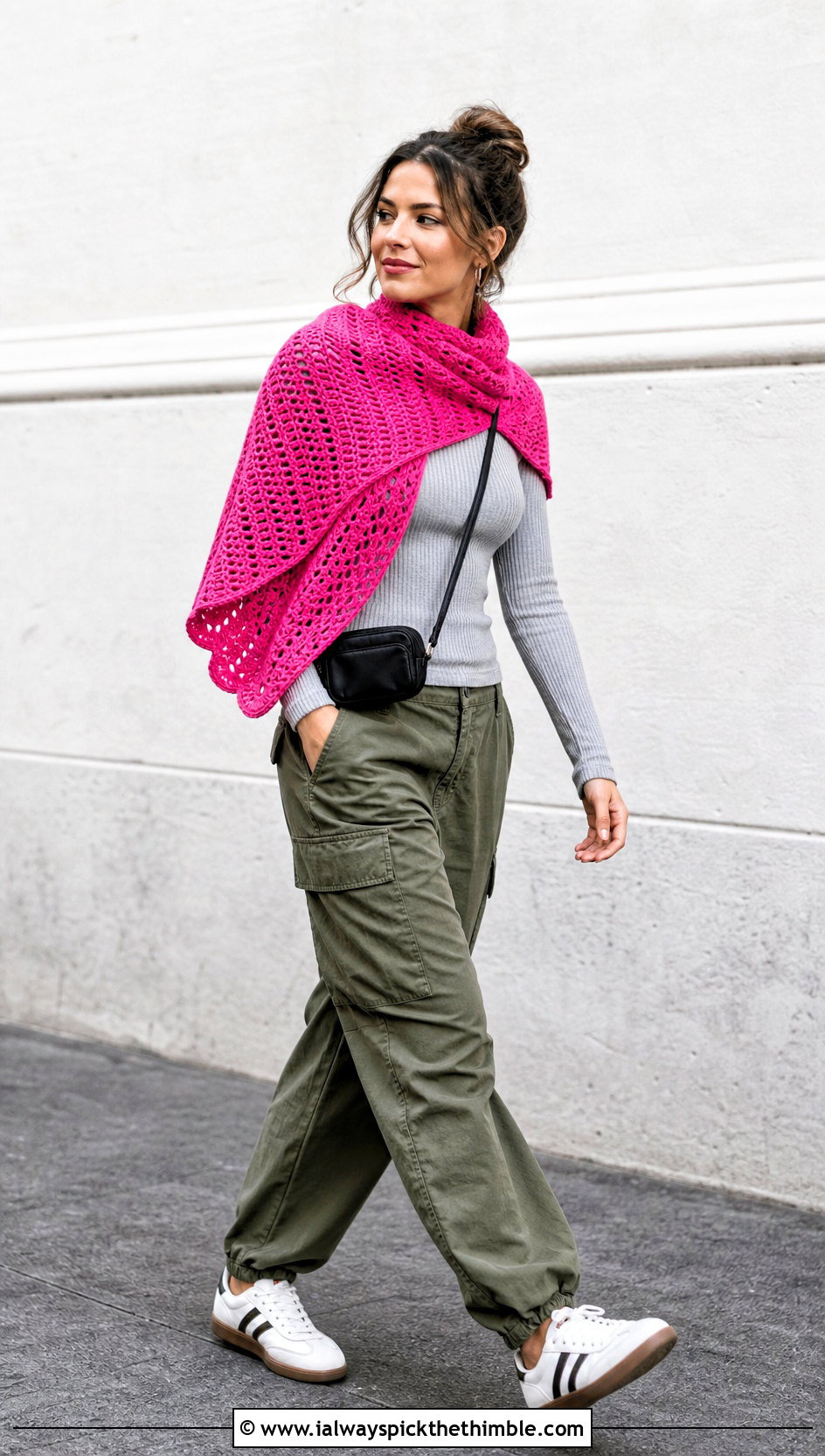 Crescent Crochet Shawl With Cargo Pants - 20 Simple Crochet Shawl outfit ideas