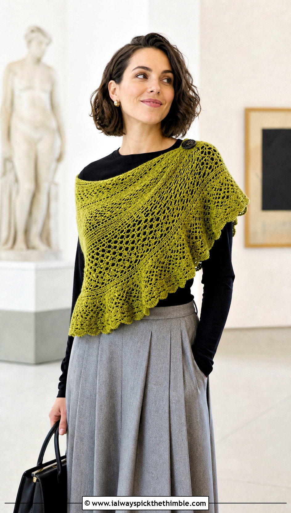 Crescent Crochet Shawl With Midi Skirt - 25 quick crochet shawl outfit ideas