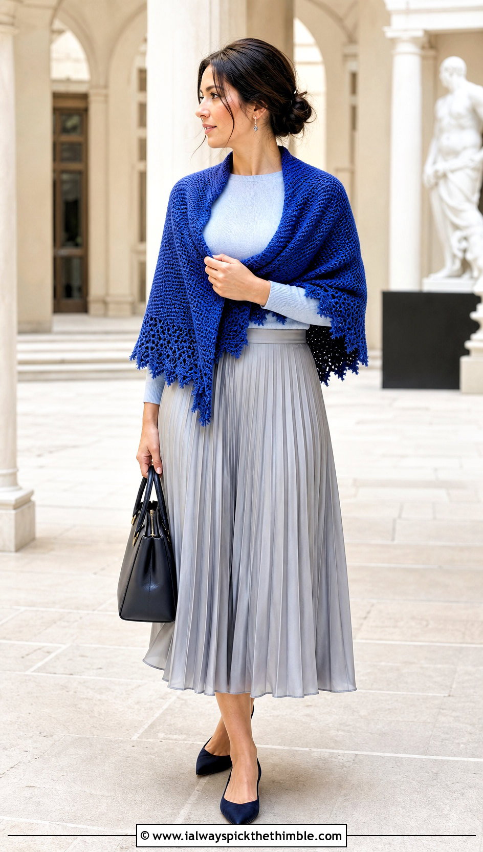Crescent Crochet Shawl With Pleated Midi Skirt - 20 Crochet For Shawls And Wraps outfit ideas