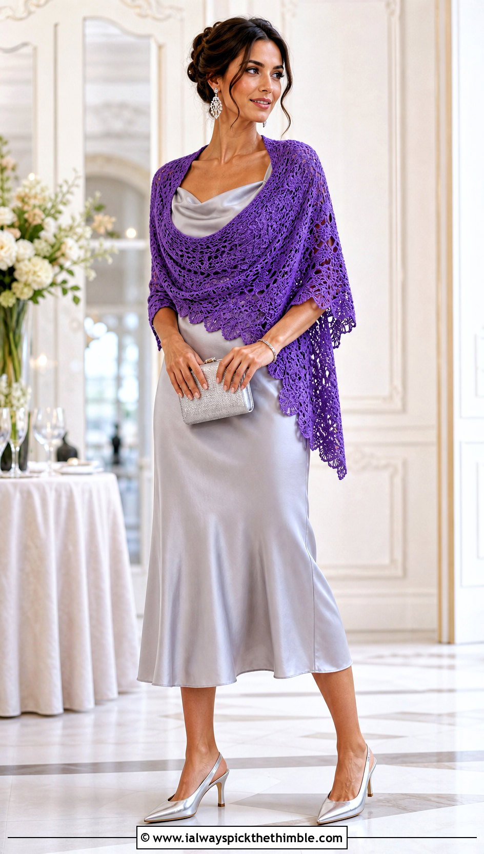 Crescent Crochet Shawl With Satin Midi Dress - 25 crochet wrap shawl outfit ideas