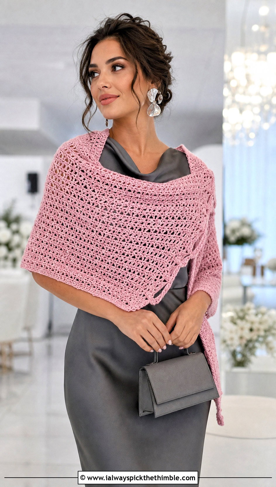 Crescent Crochet Shawl With Satin Midi Dress - 15 Winter Wedding Crochet Shawl outfit ideas