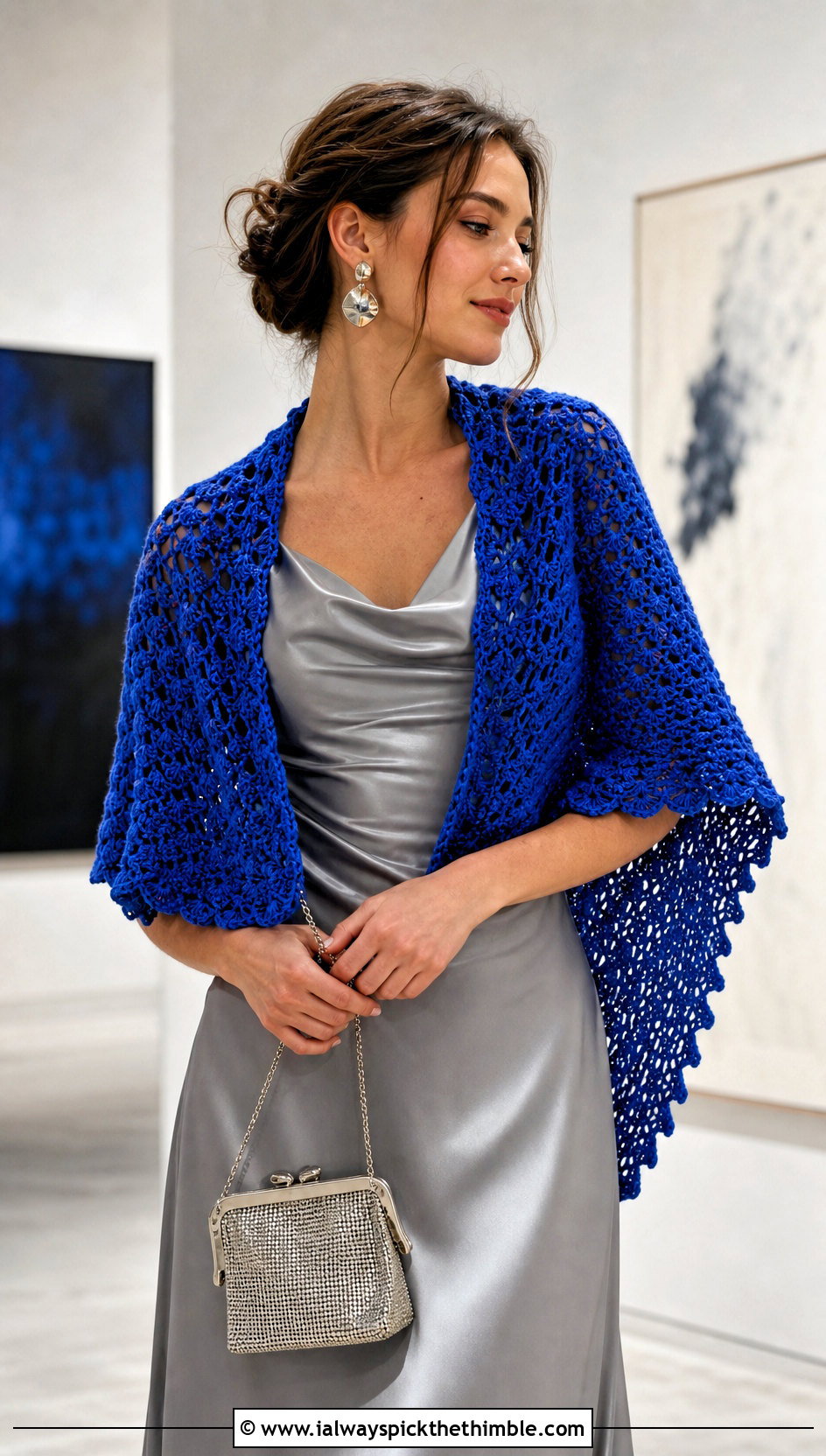 Crescent Crochet Shawl With Satin Slip Dress - 20 crochet shawl wrap outfit ideas