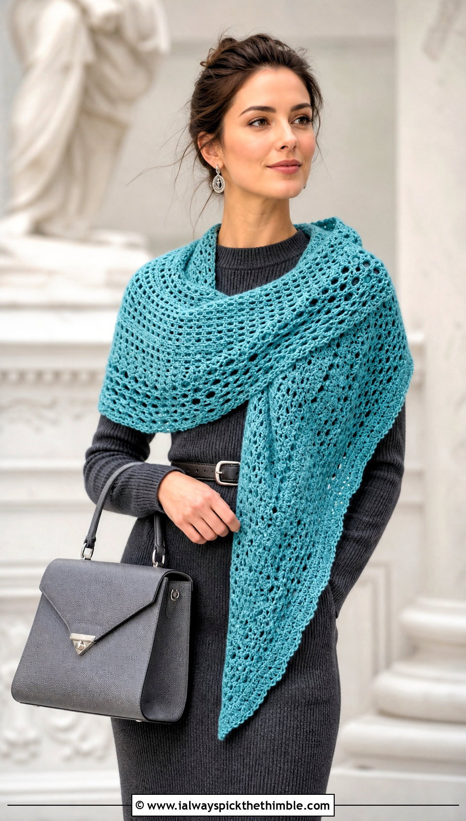 Crescent Crochet Shawl With Sweater Dress - 20 winter crochet shawl outfit ideas