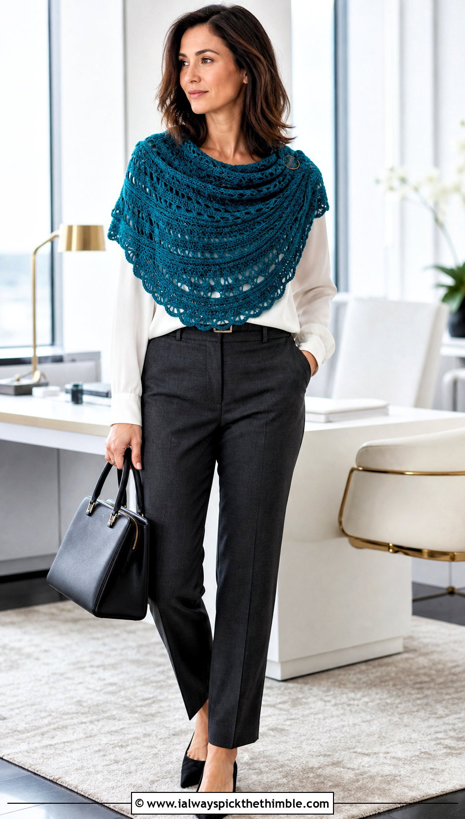 Crescent Crochet Shawl With Tailored Trousers - 20 crochet for shawls outfit ideas
