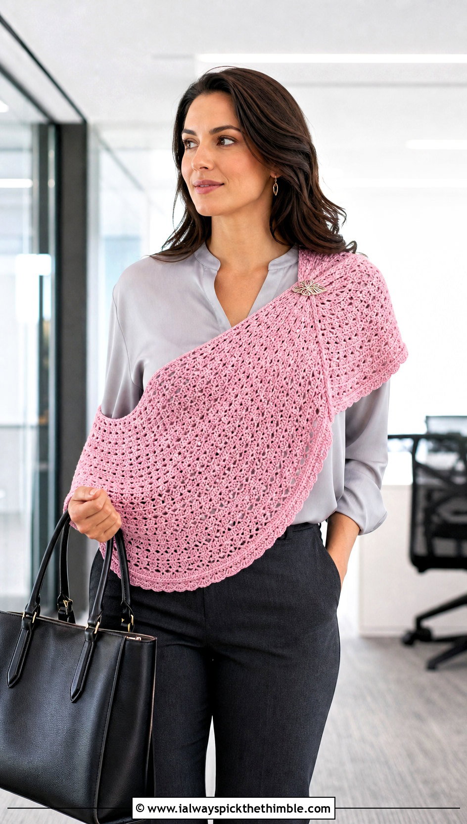Crescent Crochet Shawl With Tailored Trousers - 20 boho crochet shawl outfit ideas