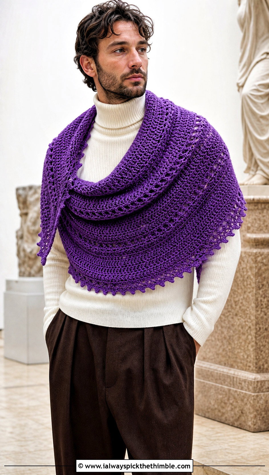 Crescent Crochet Shawl With Turtleneck And Trousers - 20 crochet shawl for men outfit ideas