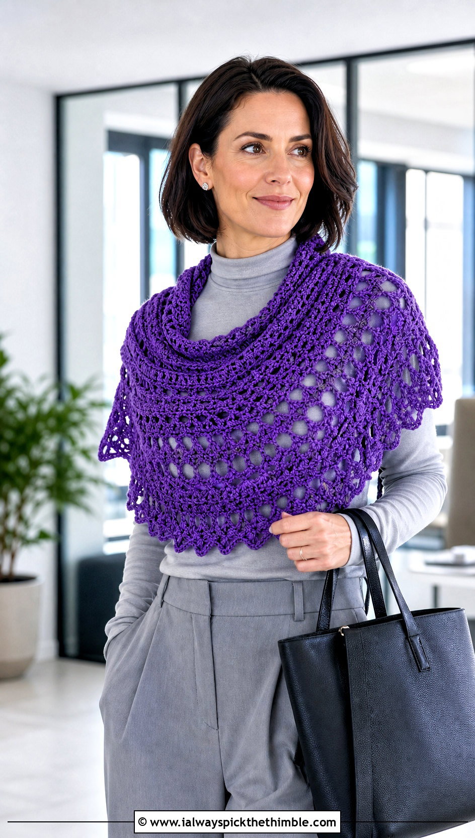 Crescent Crochet Shawl With Wide Leg Trousers - 25 easy simple crochet shawl outfit ideas
