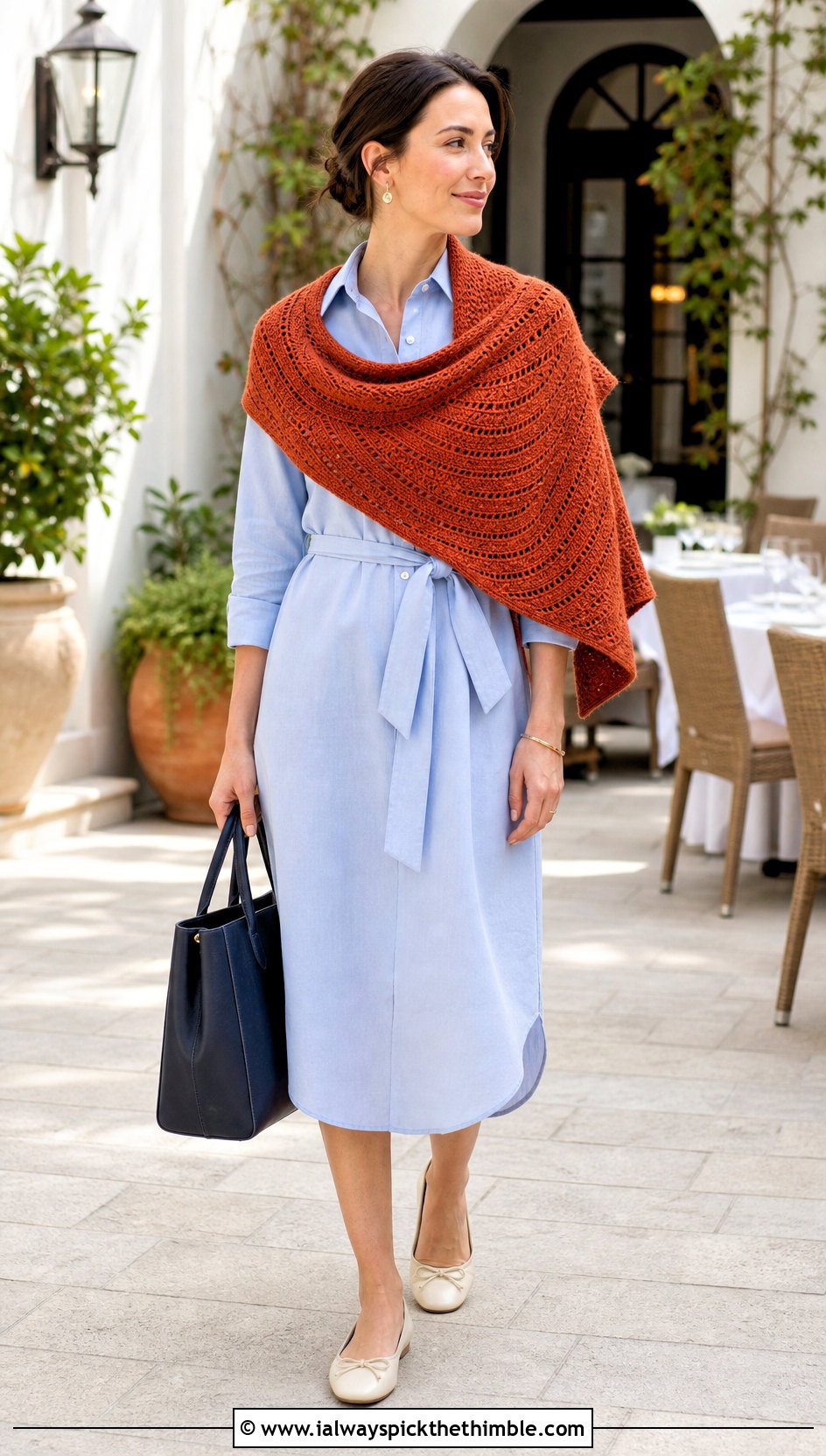 Crescent Crochet Shawl Wrap With Shirt Dress - 15 Beginner Crochet Wrap outfit ideas
