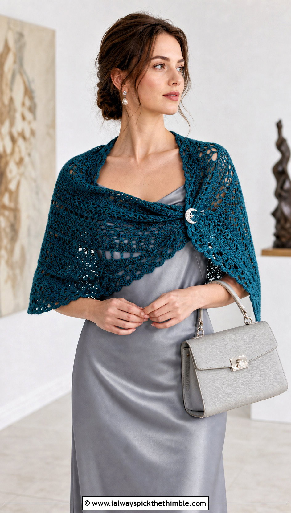 Crescent Crochet Shawlette With a Slip Dress - 20 one skein crochet shawl outfit ideas
