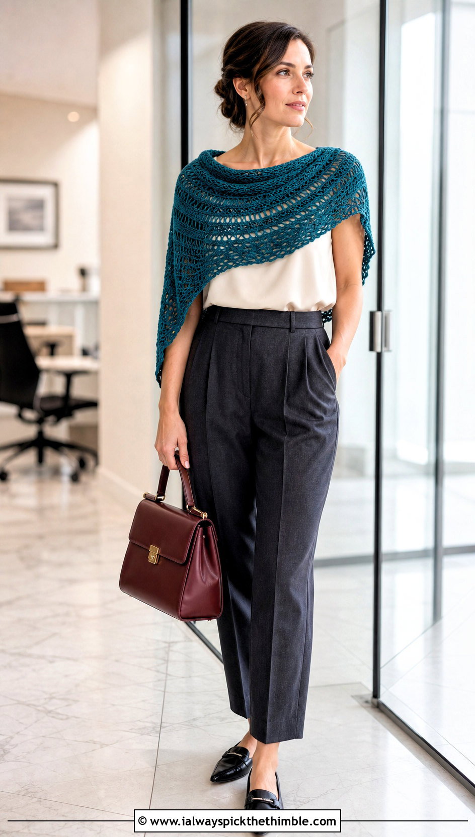 Crescent Crochet Shoulder Shawl With Tailored Trousers - 20 Crochet Shoulder Shawl outfit ideas