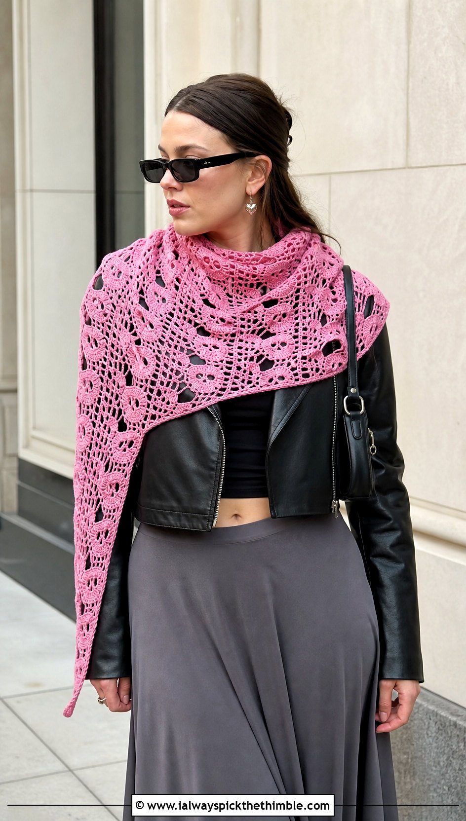 Crescent Crochet Skull Shawl With Leather Jacket And Midi Skirt - 25 crochet skull shawl outfit ideas