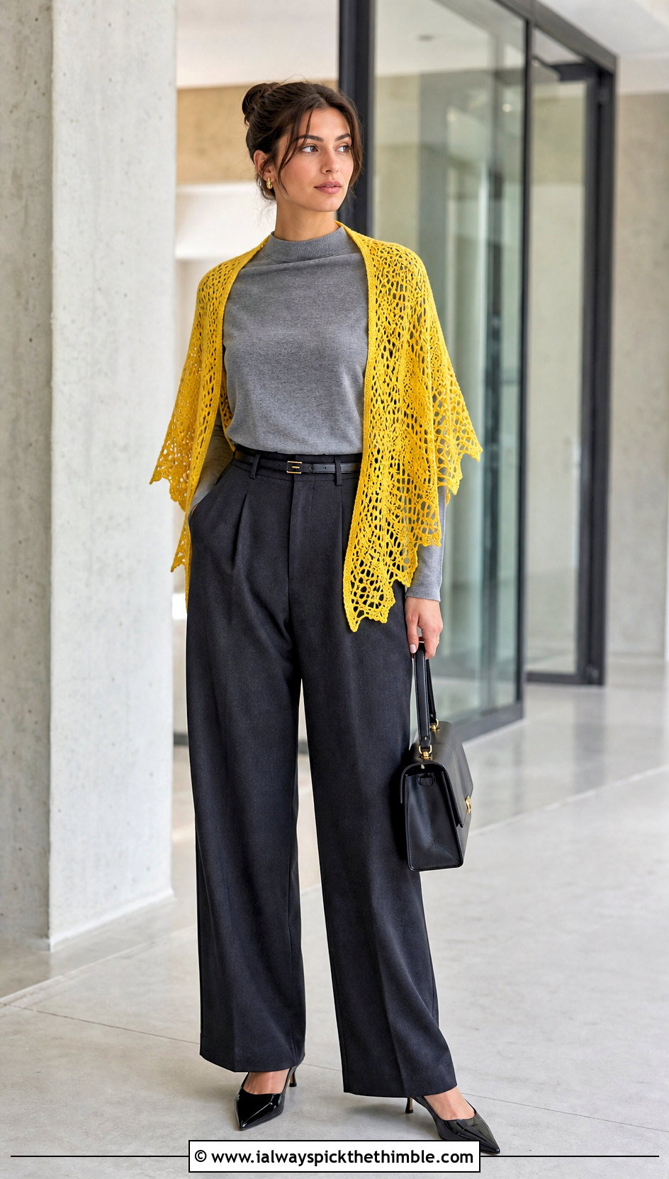 Crescent Crochet Spiderweb Shawl With Tailored Trousers - 20 Crochet Spiderweb Shawl outfit ideas