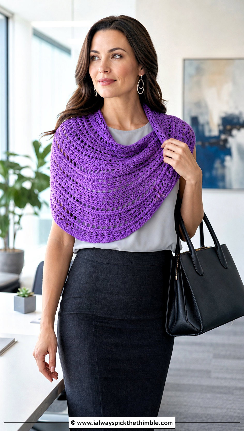 Crescent Crochet Spring Wrap With Pencil Skirt - 15 Crochet Spring Wrap outfit ideas
