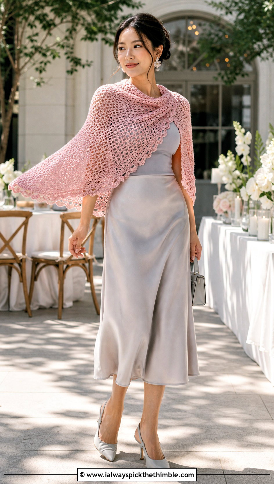Crescent Crochet Sweater Shawl With A Satin Midi Skirt - 20 crochet sweater shawl outfit ideas