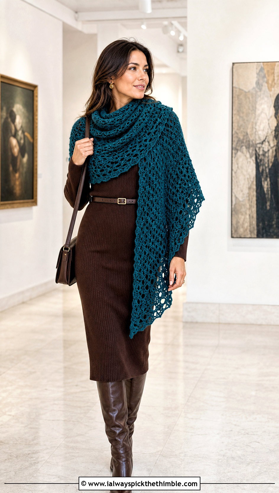 Crescent Crochet Winter Shawl With Sweater Dress - 15 Crochet Winter Shawl outfit ideas