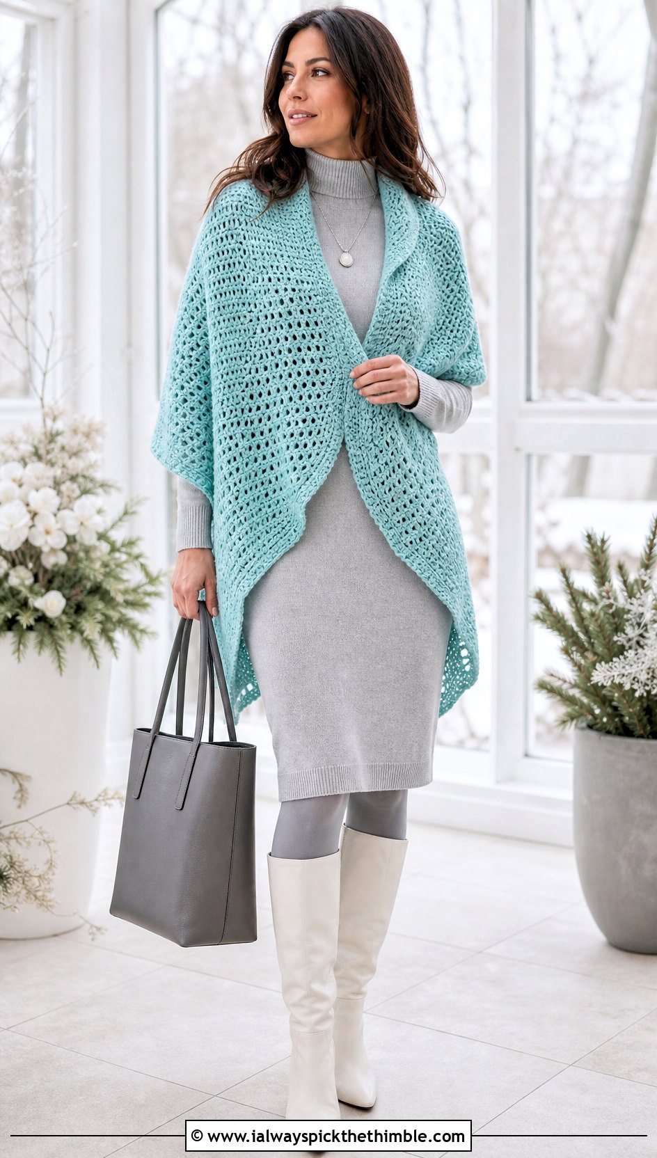 Crescent Crochet Wrap With A Sweater Dress - 25 crochet wrap outfit ideas