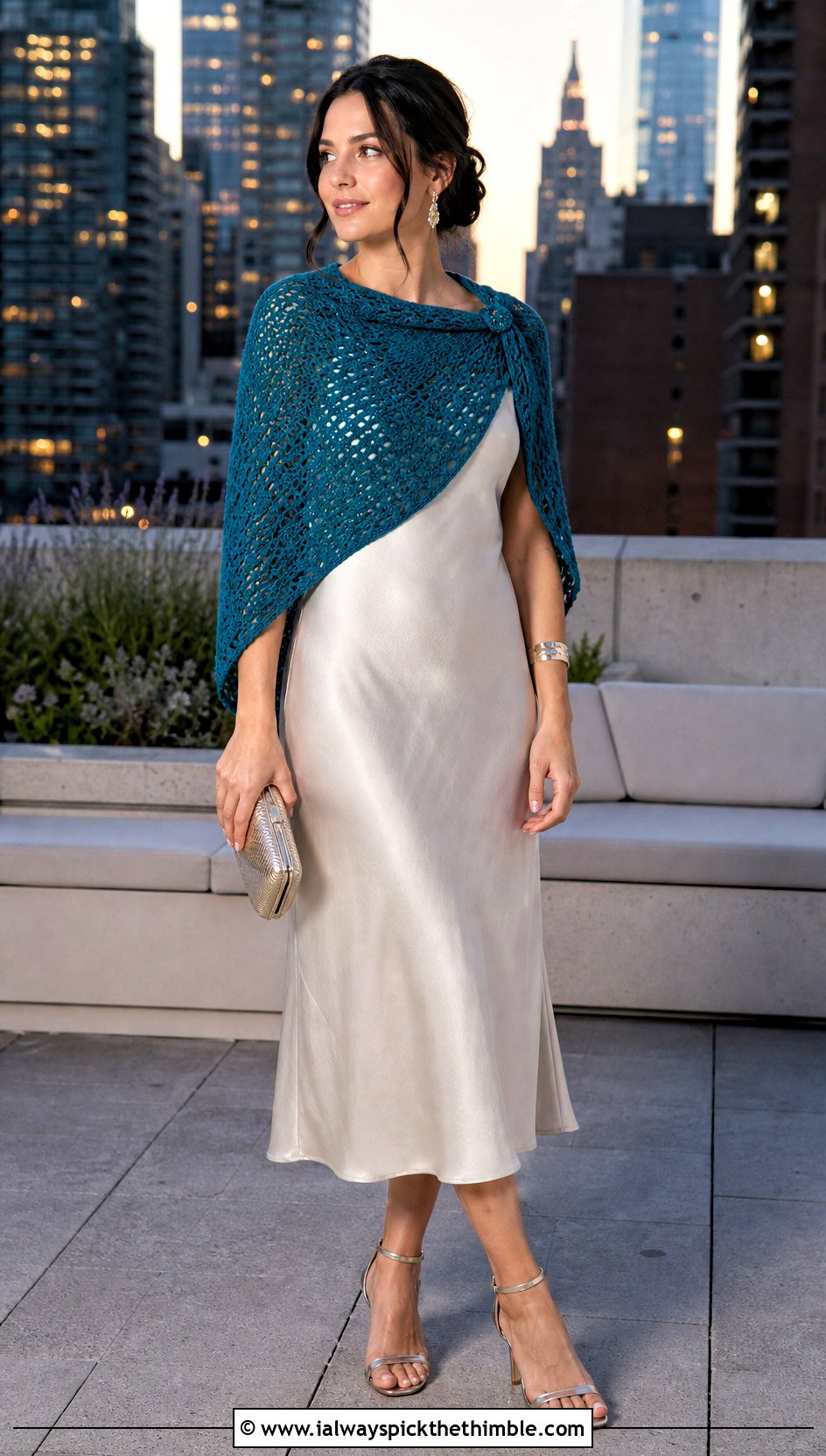 Crescent Crochet Wrap With Satin Slip Dress - 20 crochet summer wrap outfit ideas