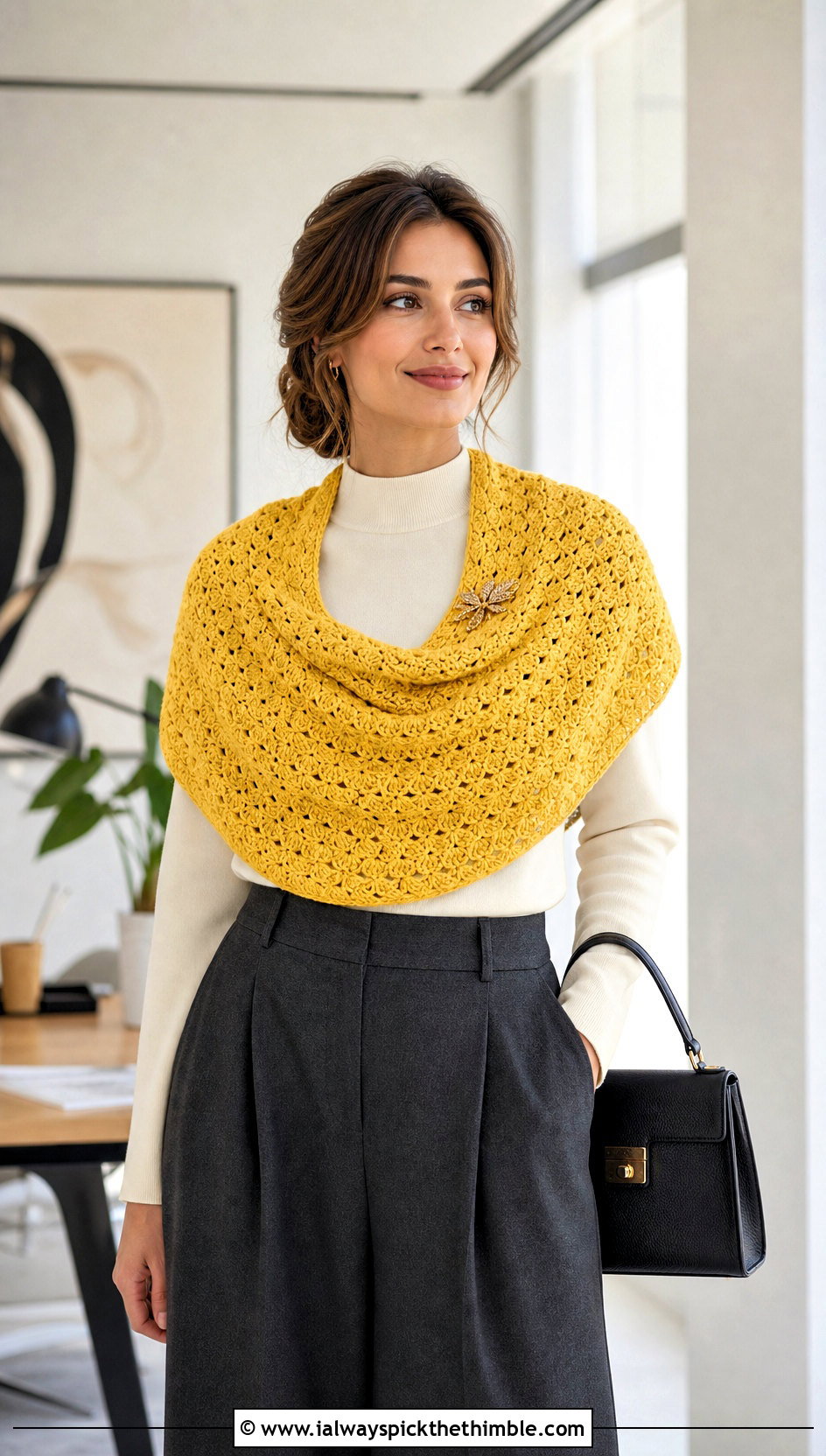 Crescent Crocodile Stitch Crochet Shawl With Tailored Trousers - 15 crocodile stitch crochet shawl outfit ideas