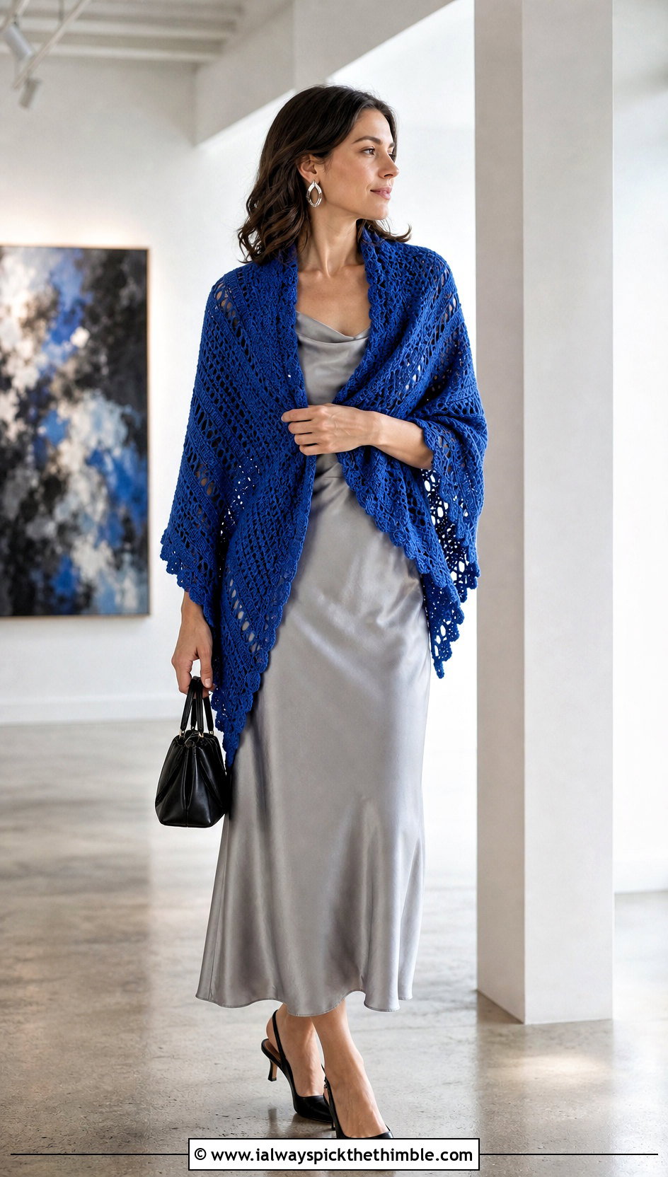Crescent DK Yarn Crochet Shawl With Satin Slip Dress - 20 Crochet Shawl Dk Yarn outfit ideas