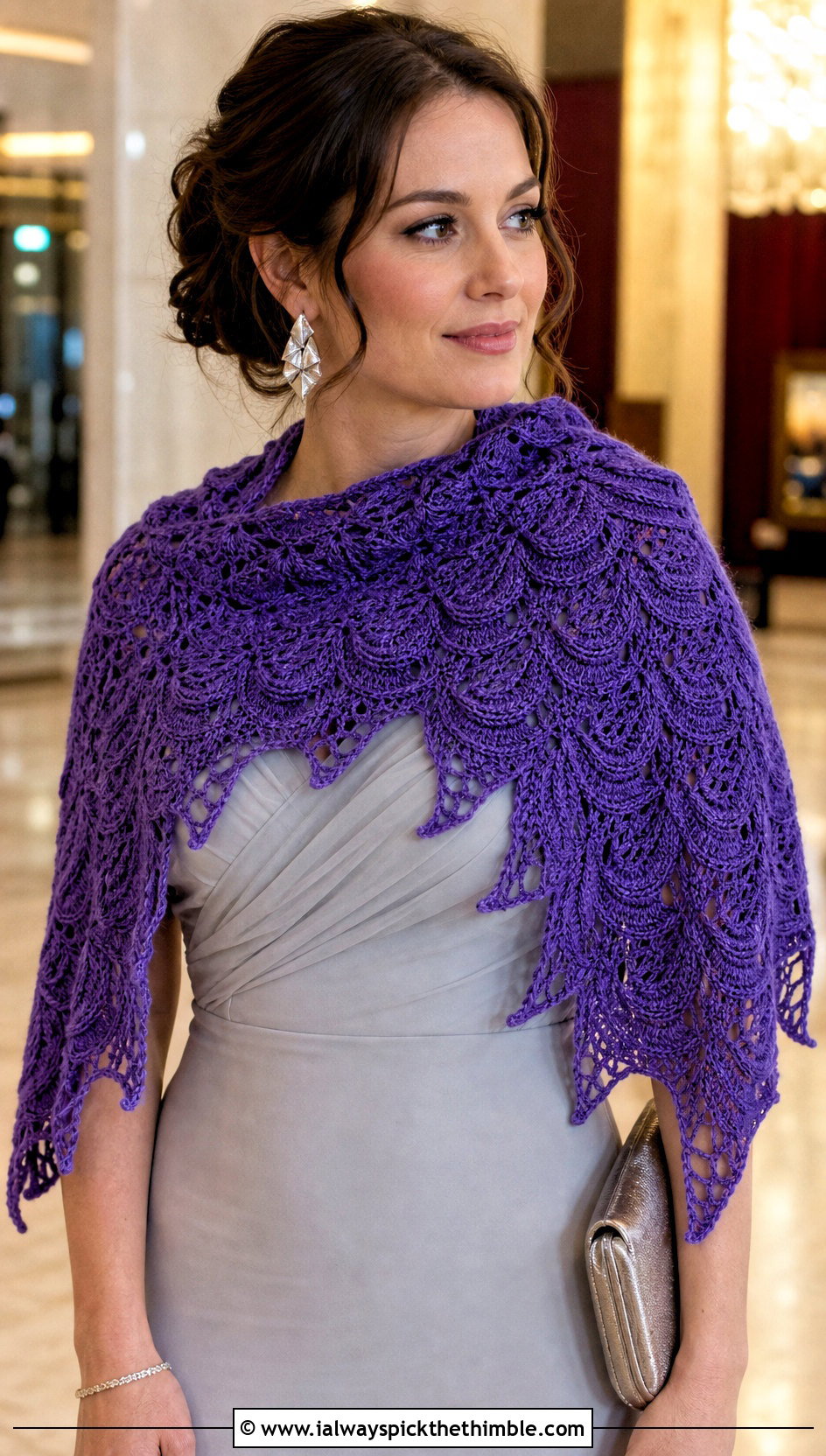Crescent Feather Crochet Shawl With Column Dress - 20 crochet feather shawl outfit ideas