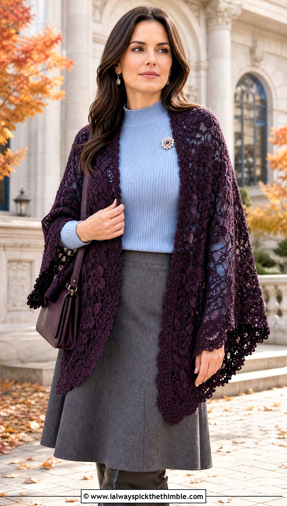 Crescent Floral Lace Shawl With A Sweater And Midi Skirt - 15 Crochet Floral Shawl outfit ideas