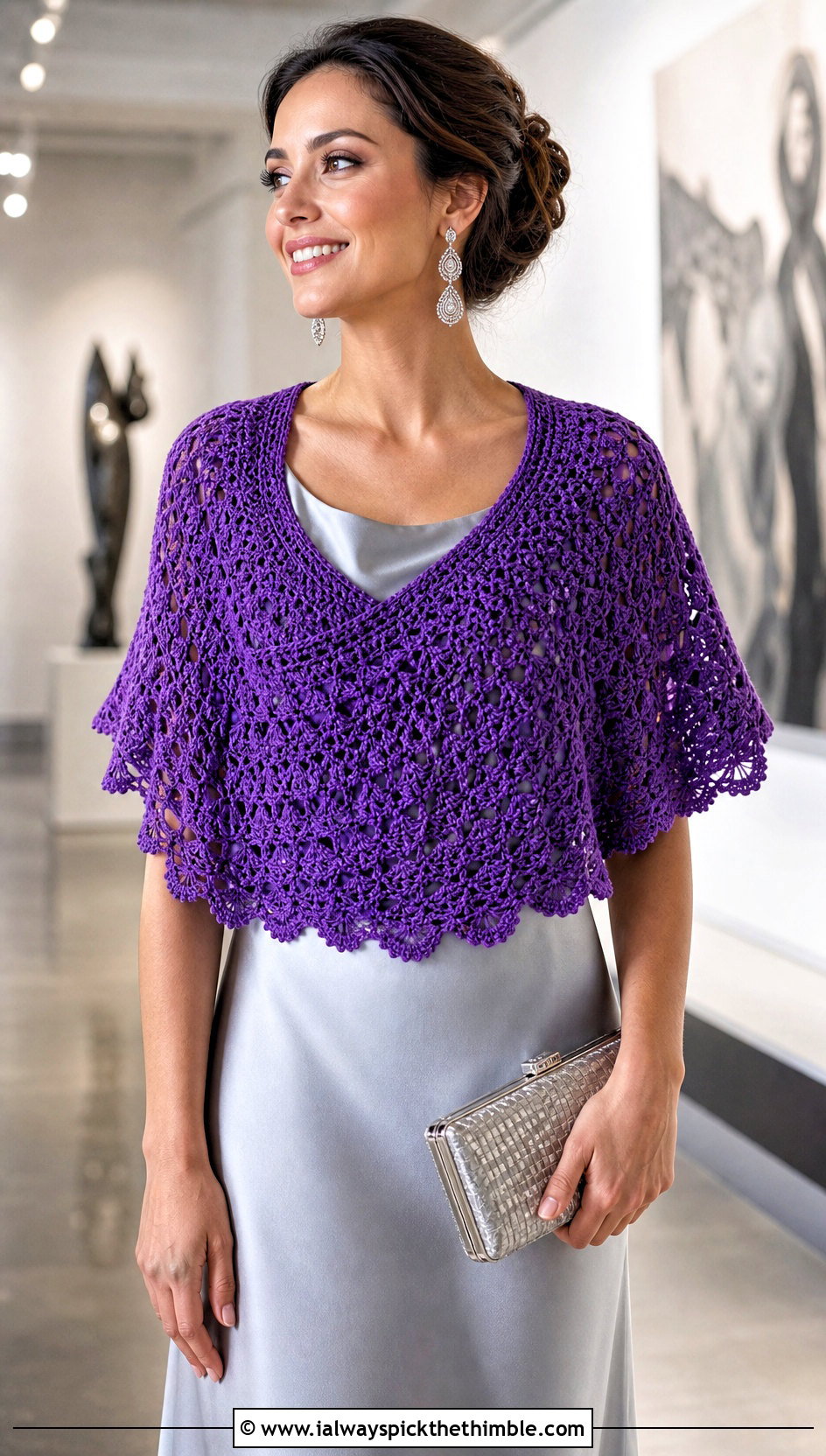 Crescent Lace Crochet Shawl With Satin Midi Dress - 15 bright crochet shawl outfit ideas