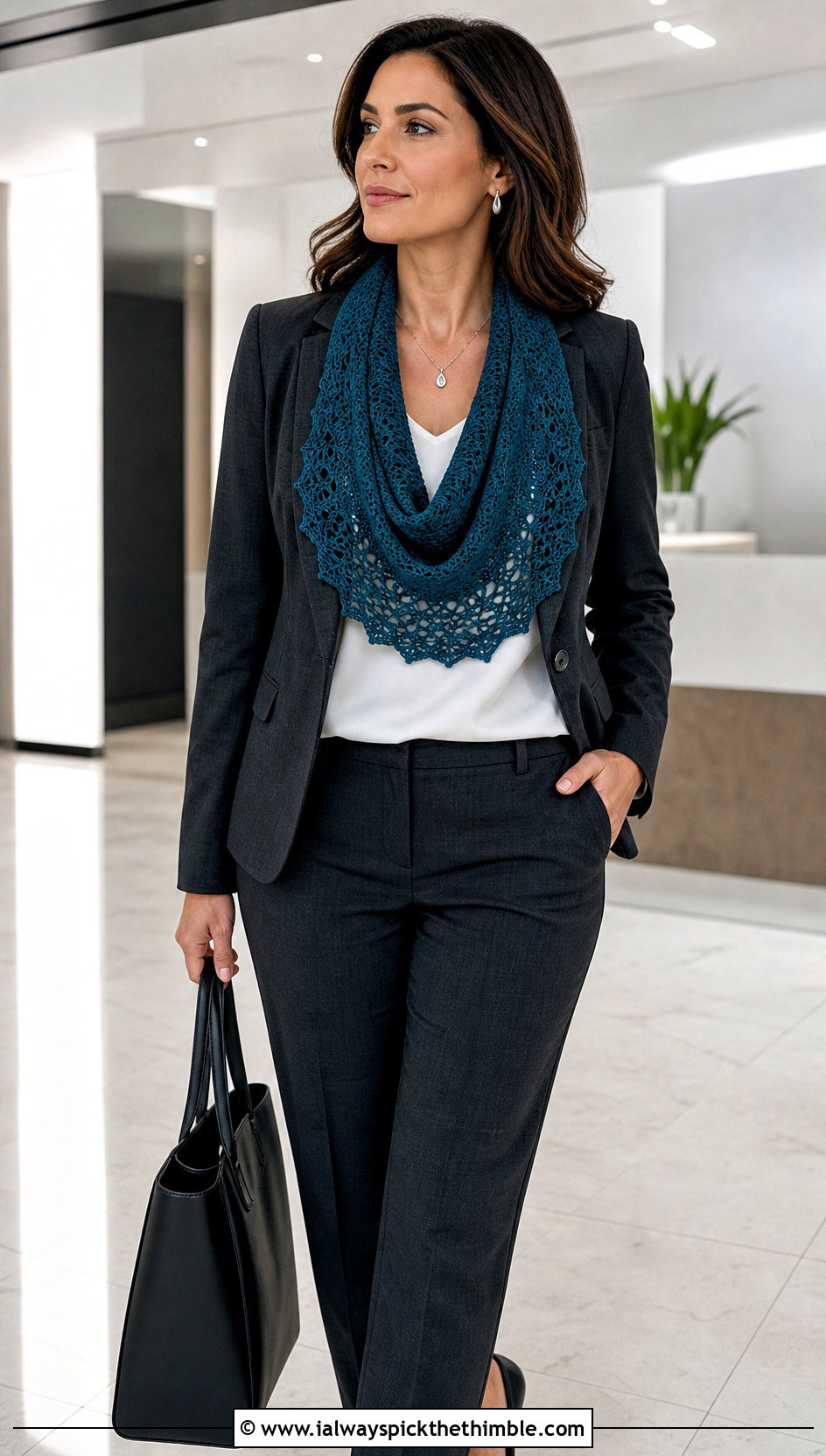 Crescent Lace Crochet Shawl With Tailored Pantsuit - 20 Lacey Crochet Shawls outfit ideas
