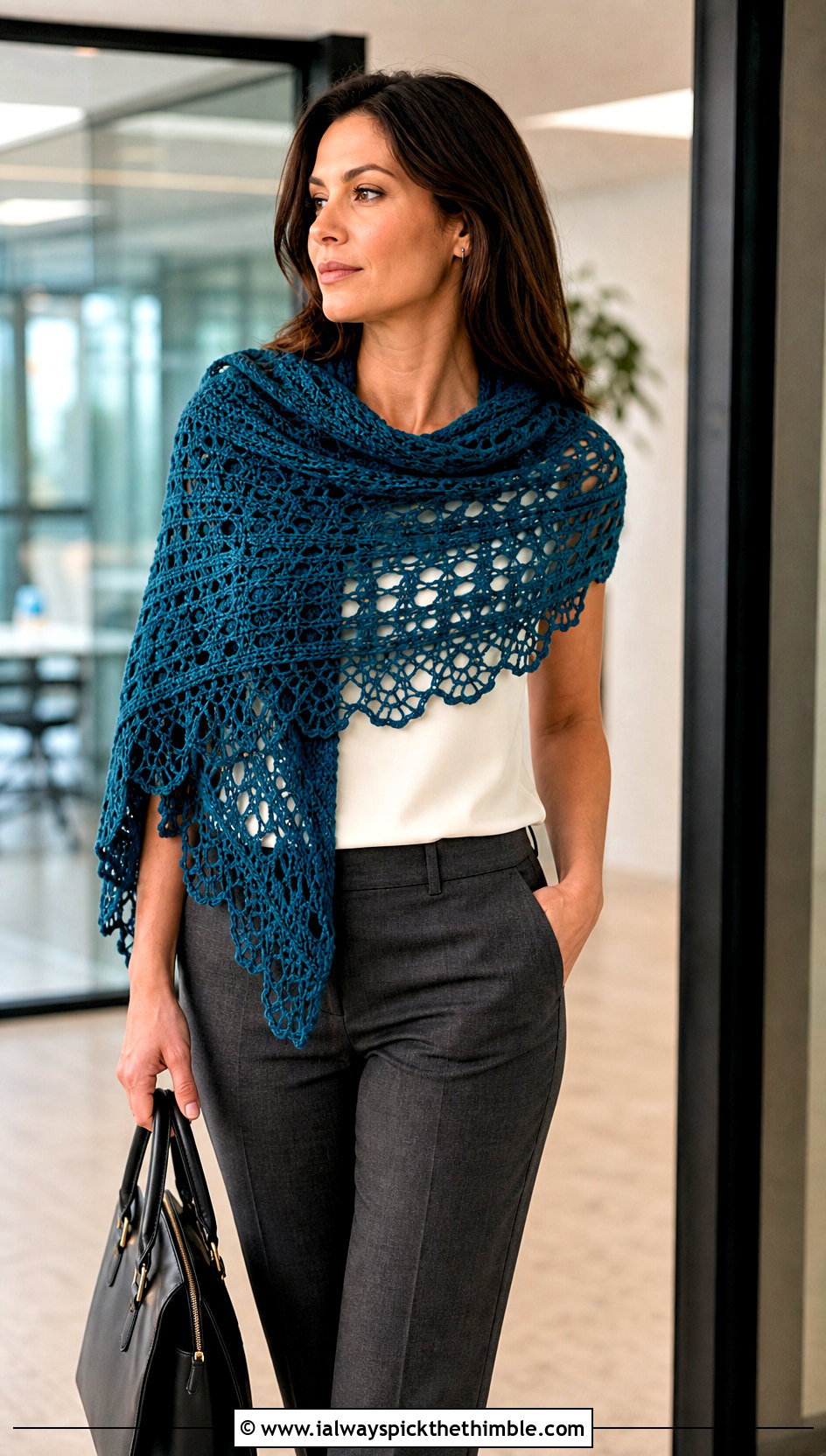 Crescent Lace Crochet Shawl With Tailored Trousers - 15 Easy Lacy Crochet Shawl outfit ideas