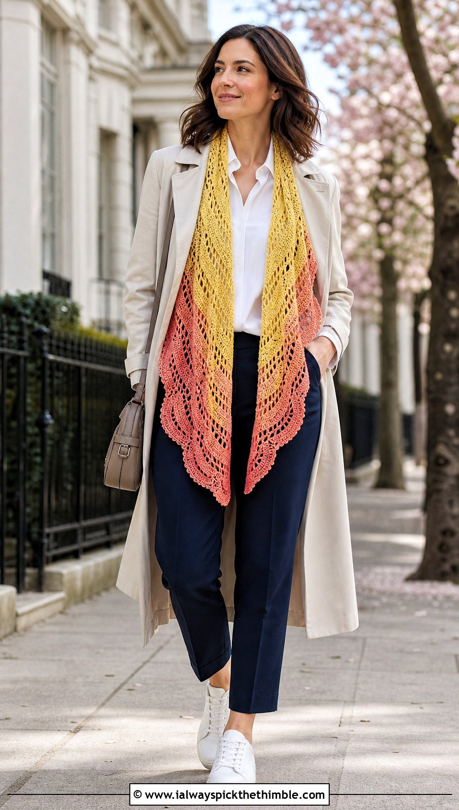 Crescent Mandala Yarn Crochet Shawl With A Trench Coat - 15 Crochet Shawl Mandala Yarn outfit ideas