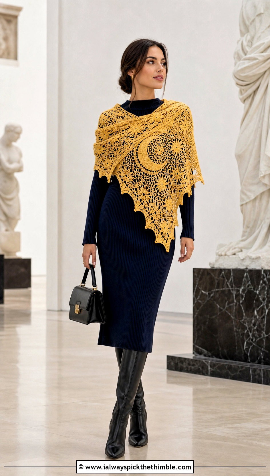 Crescent Moon Semicircle Crochet Shawl With Knit Dress - 20 halloween crochet shawl outfit ideas
