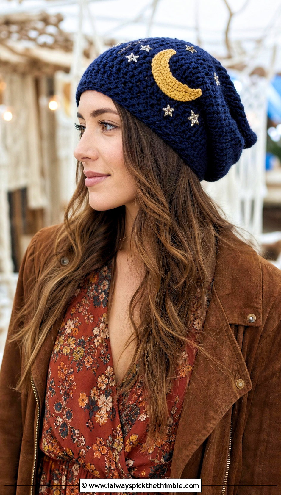 Crescent Moon Slouchy Crochet Beanie With Maxi Dress - 20 Halloween Crochet Beanies outfit ideas