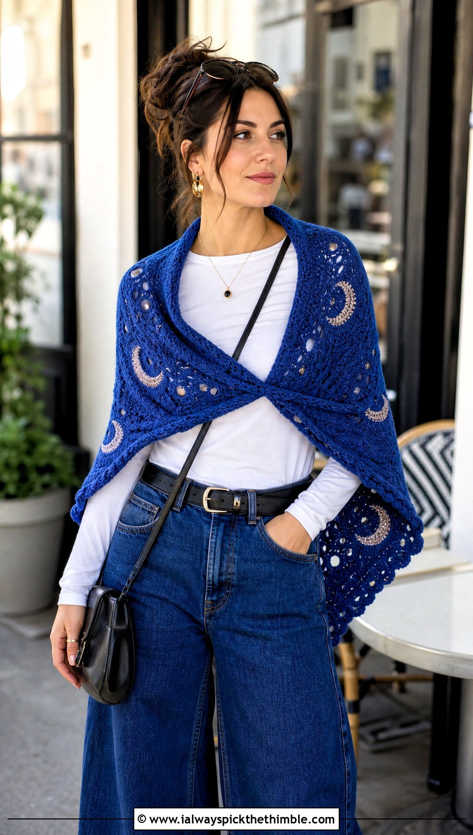 Crescent Moon Witch Crochet Shawl With Wide Leg Jeans - 15 Witch Crochet Shawl outfit ideas