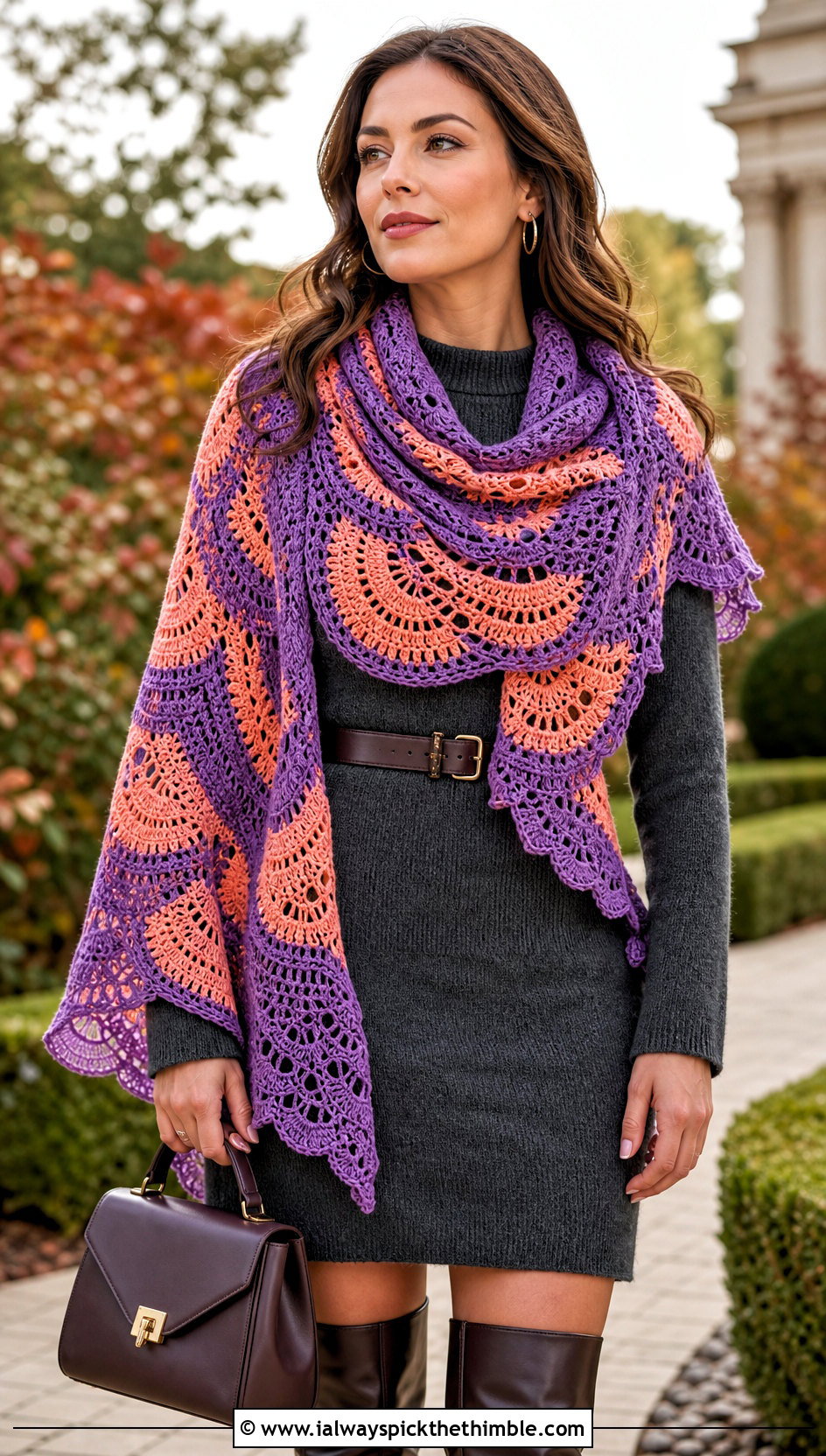 Crescent Mosaic Crochet Shawl With Sweater Dress And Boots - 20 mosaic crochet shawl outfit ideas