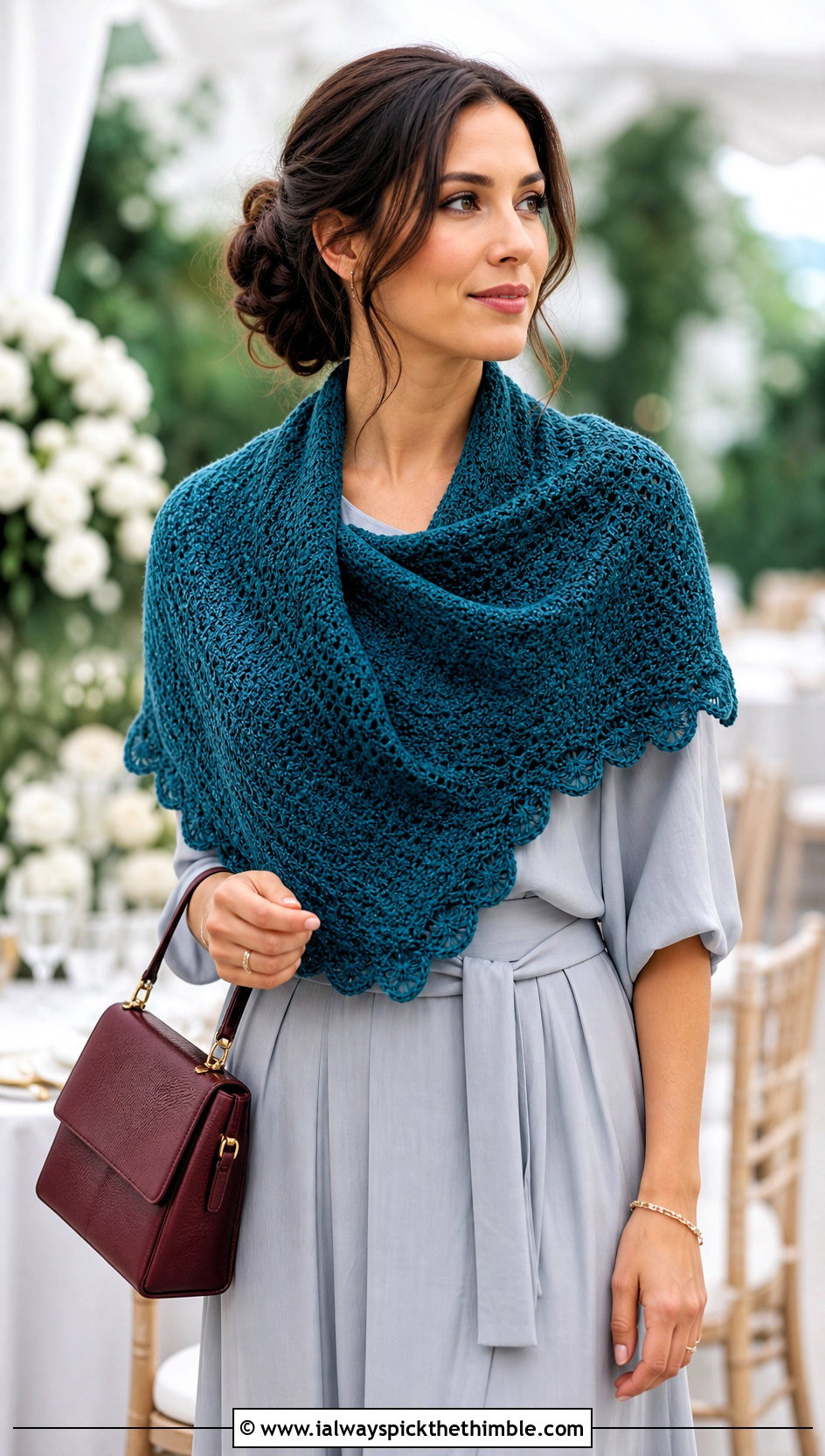 Crescent Moss Stitch Shawl With A Midi Dress - 20 Crochet Moss Stitch Shawl outfit ideas