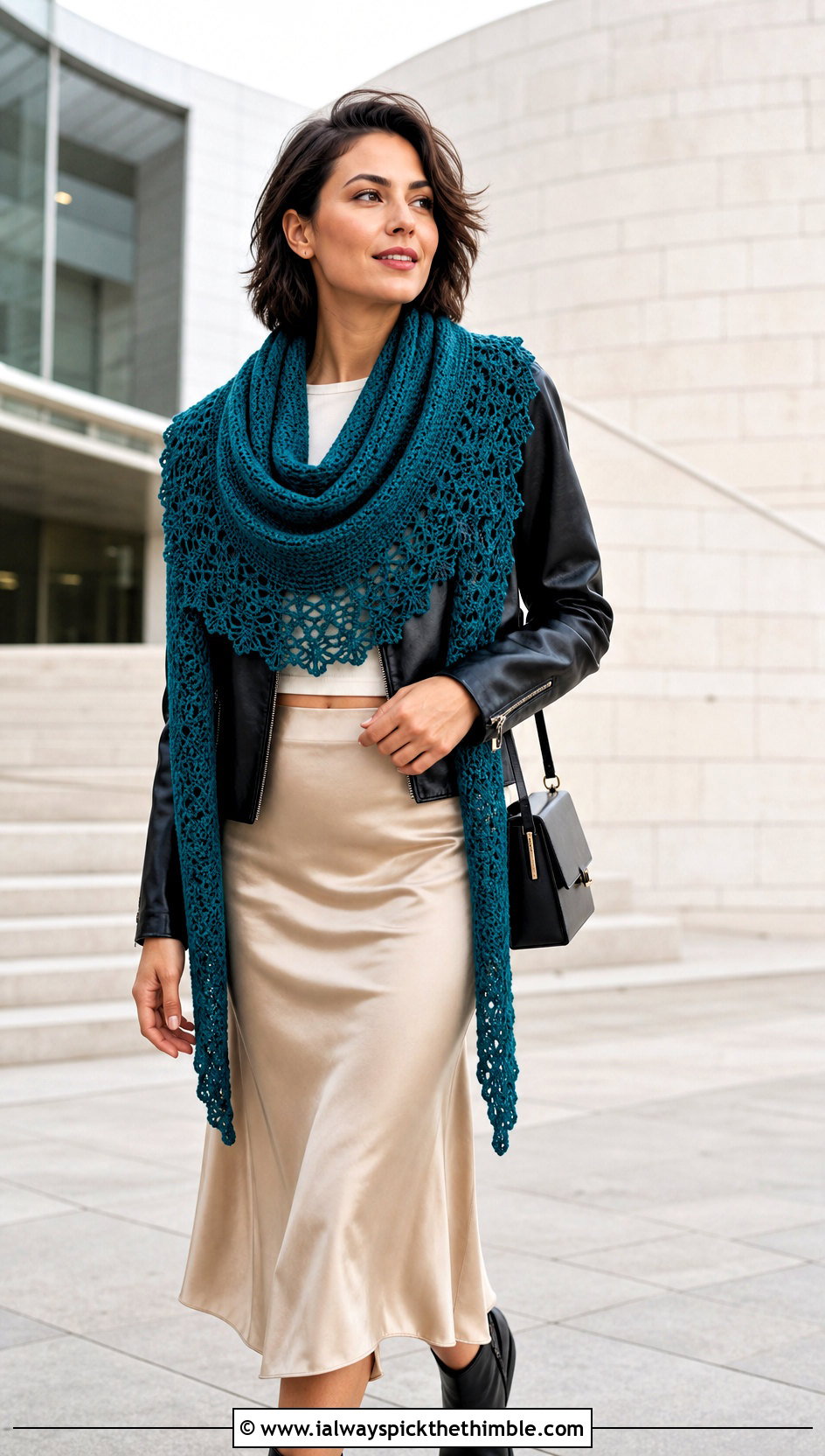 Crescent Prayer Shawl With Leather Jacket And Midi Skirt - 15 Crochet Prayer Shawl Amazing Grace outfit ideas