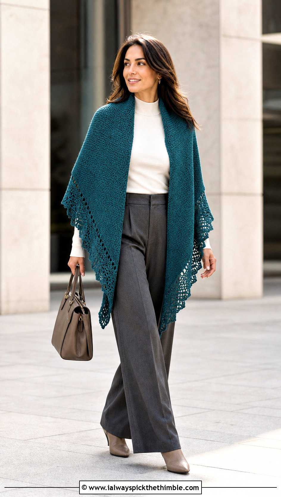 Crescent Prayer Shawl With Wide Leg Trousers - 25 crochet prayer shawl outfit ideas
