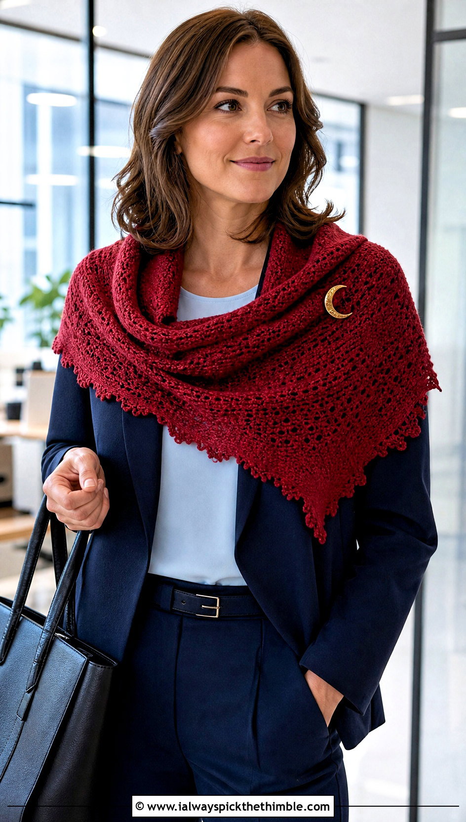 Crescent Red Crochet Shawl With Blazer And Tailored Trousers - 15 red crochet shawl outfit ideas