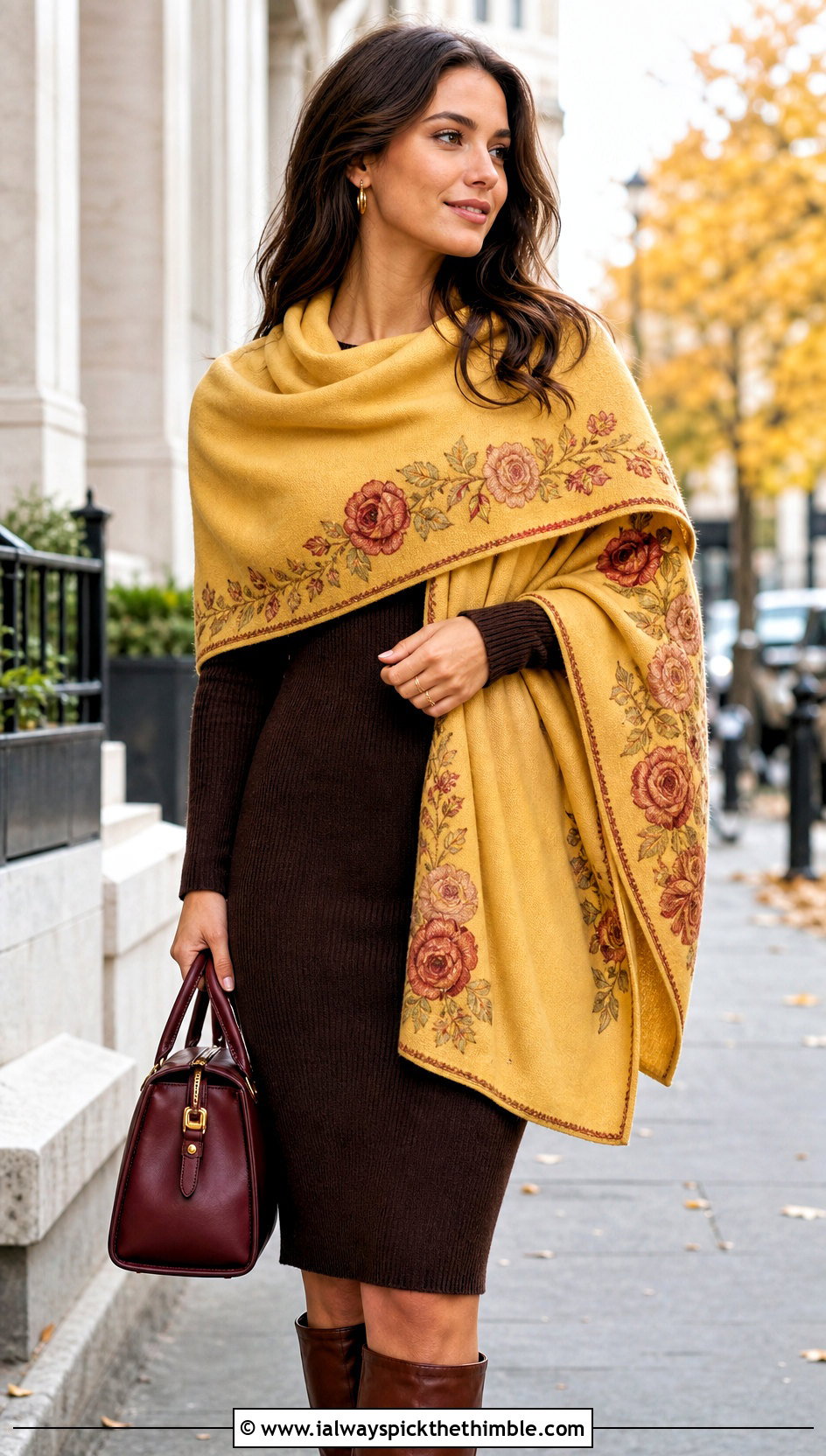 Crescent Rose Shawl With Sweater Dress - 20 Crochet Rose Shawl outfit ideas