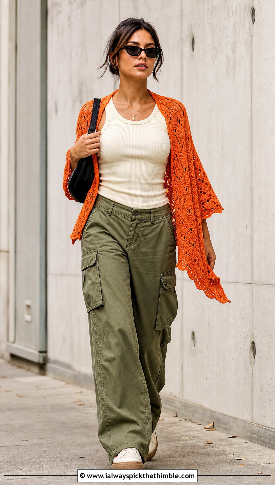 Crescent Shell Shawl With Cargo Pants - 20 Crochet Shell Shawl outfit ideas