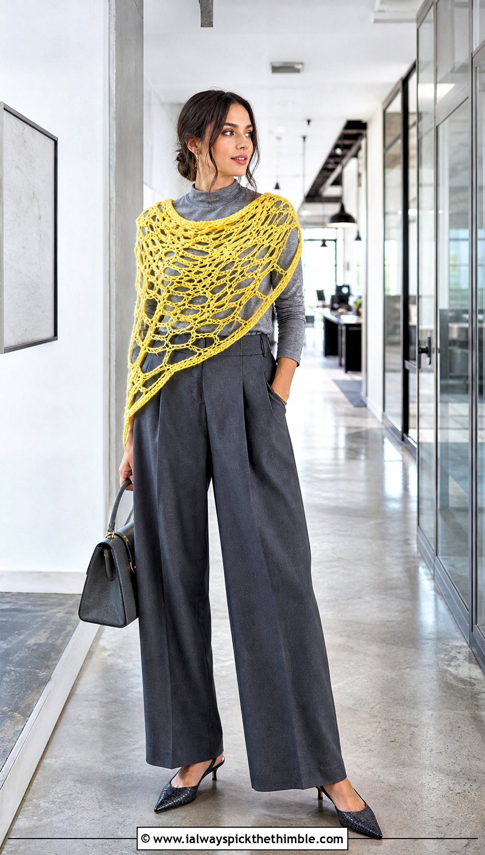 Crescent Spiderweb Crochet Shawl With Tailored Trousers - 20 spiderweb crochet shawl outfit ideas