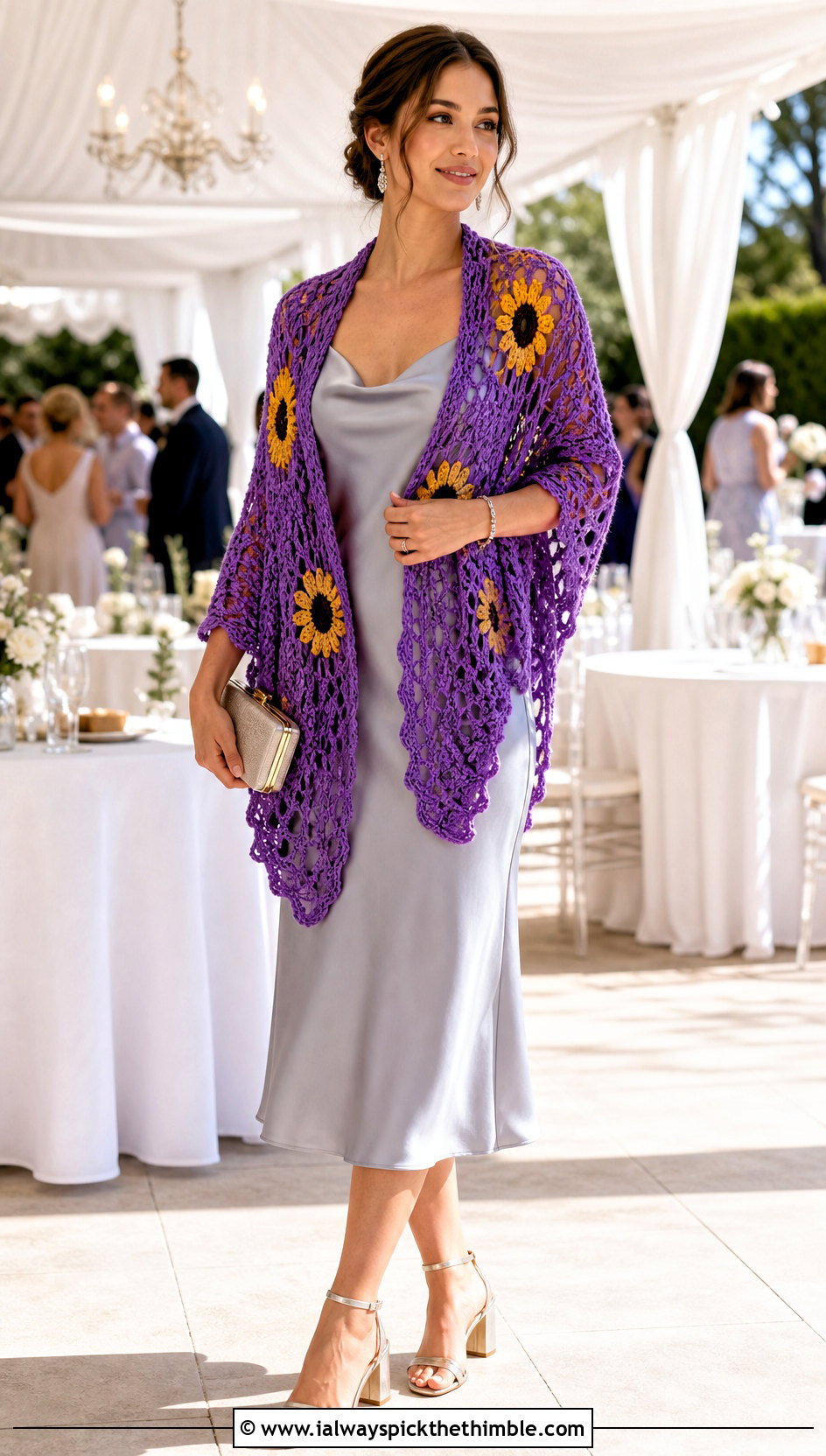 Crescent Sunflower Crochet Shawl With Satin Slip Dress - 20 Sunflower Crochet Shawl outfit ideas
