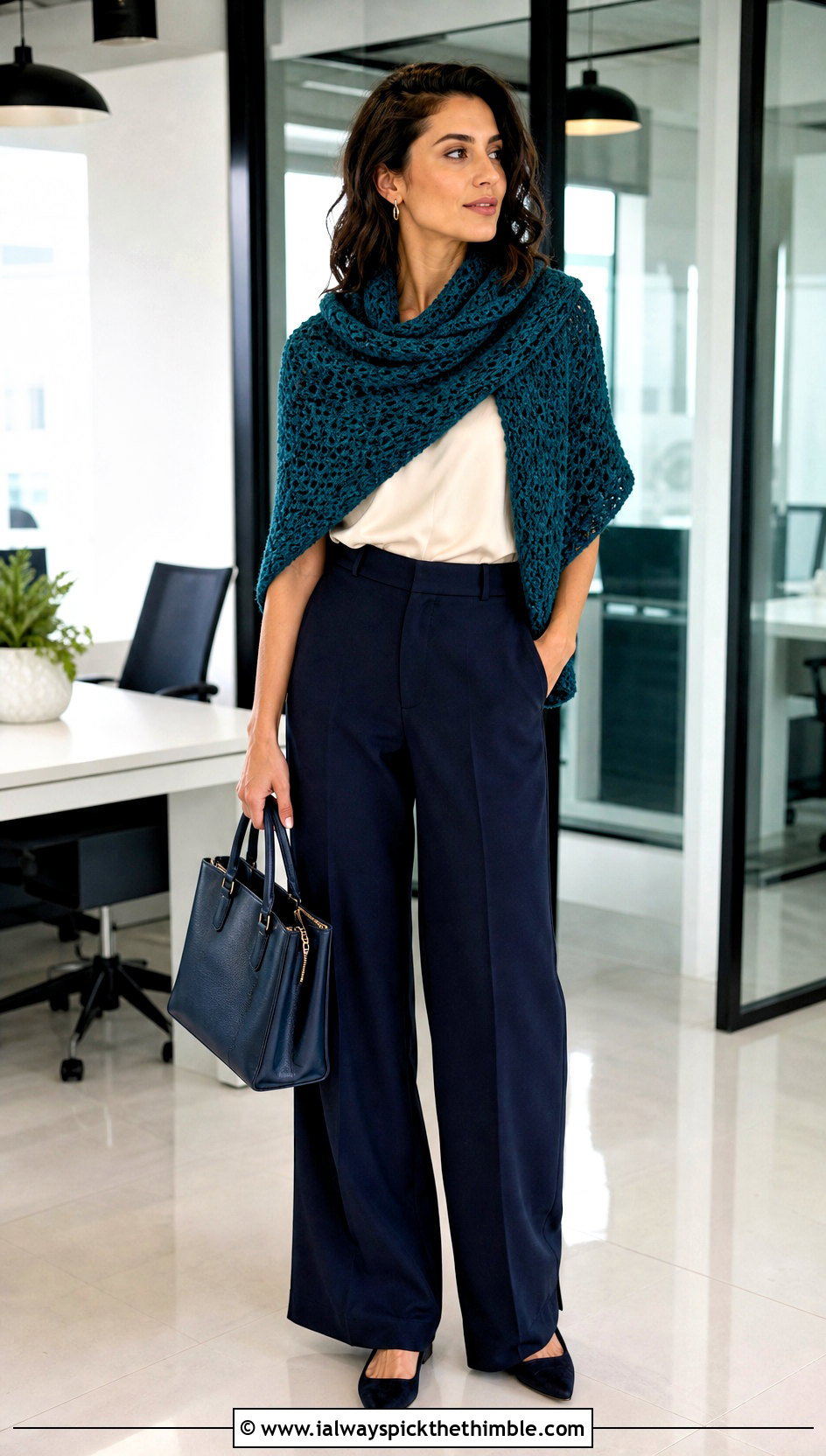 Crescent Tunisian Honeycomb Shawl With Wide Leg Trousers - 25 tunisian crochet shawl outfit ideas