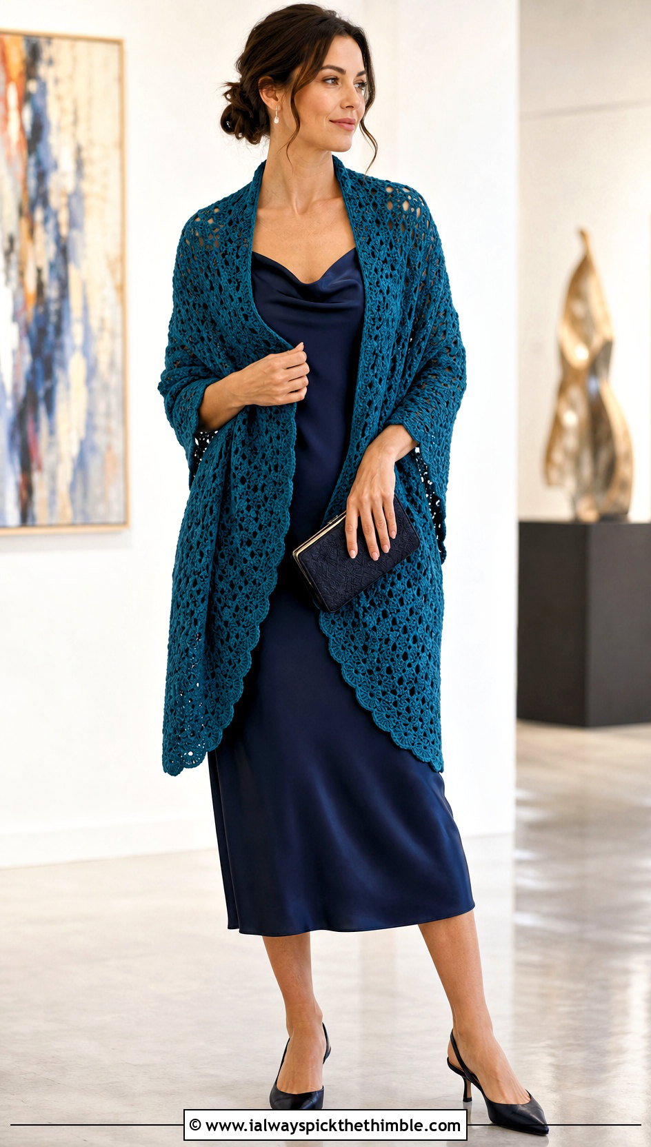 Crescent V Stitch Crochet Shawl With Satin Slip Dress - 20 V Stitch Crochet Shawl outfit ideas