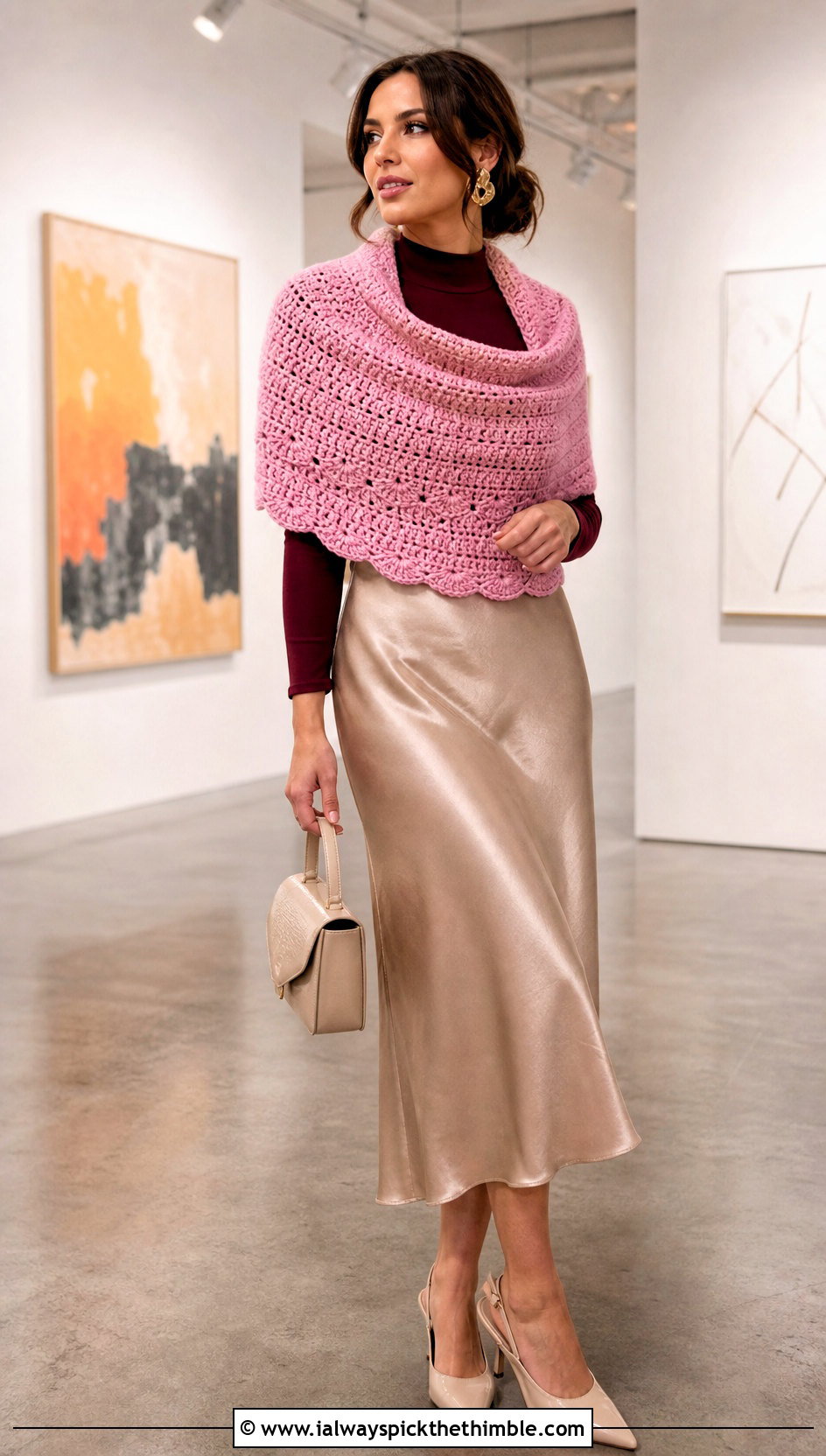 Crescent Waffle Crochet Shawl With Satin Midi Skirt - 15 Waffle Crochet Shawl outfit ideas